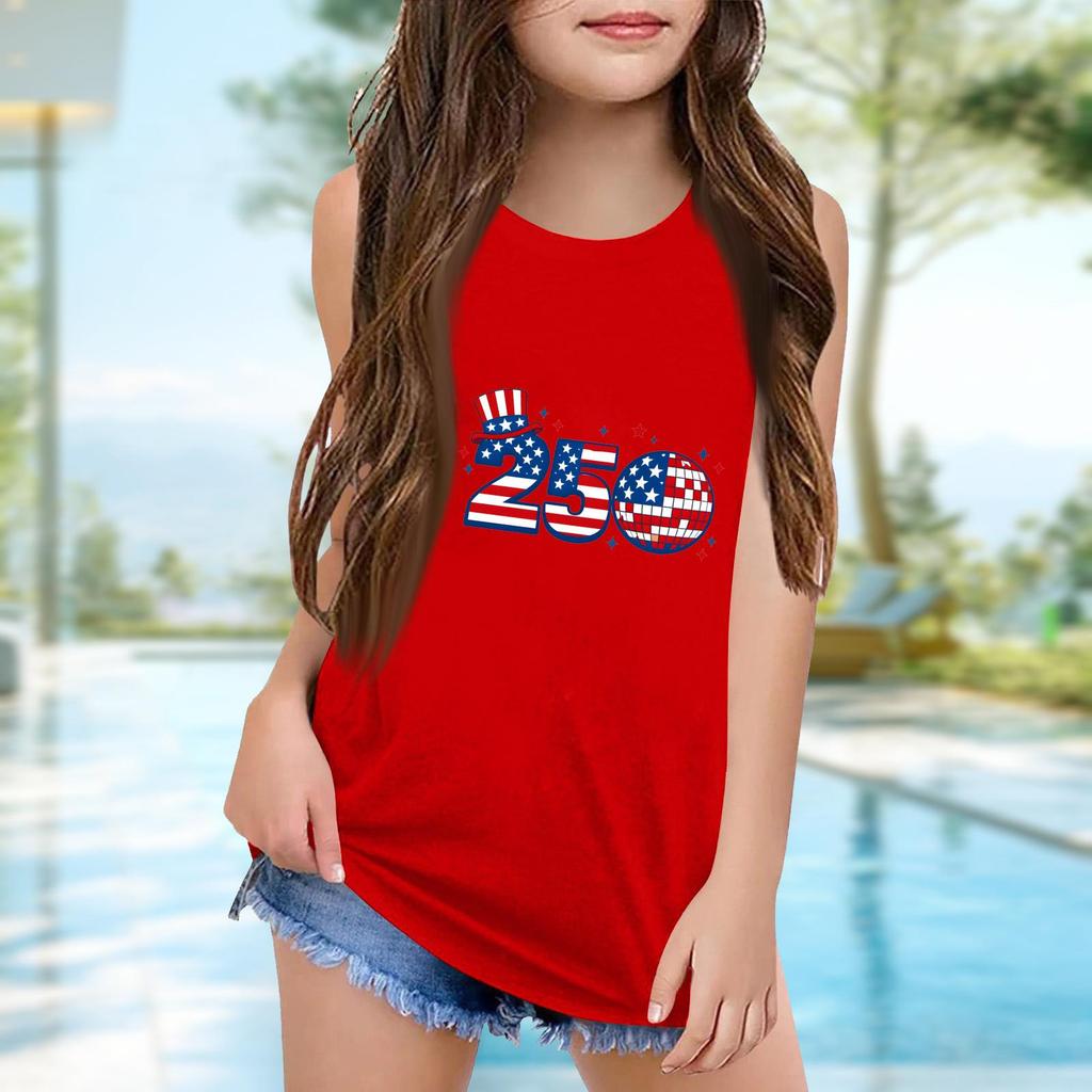 Girls  Kids Summer Crewneck Sleeveless Shirts Tank Tops Independence Day