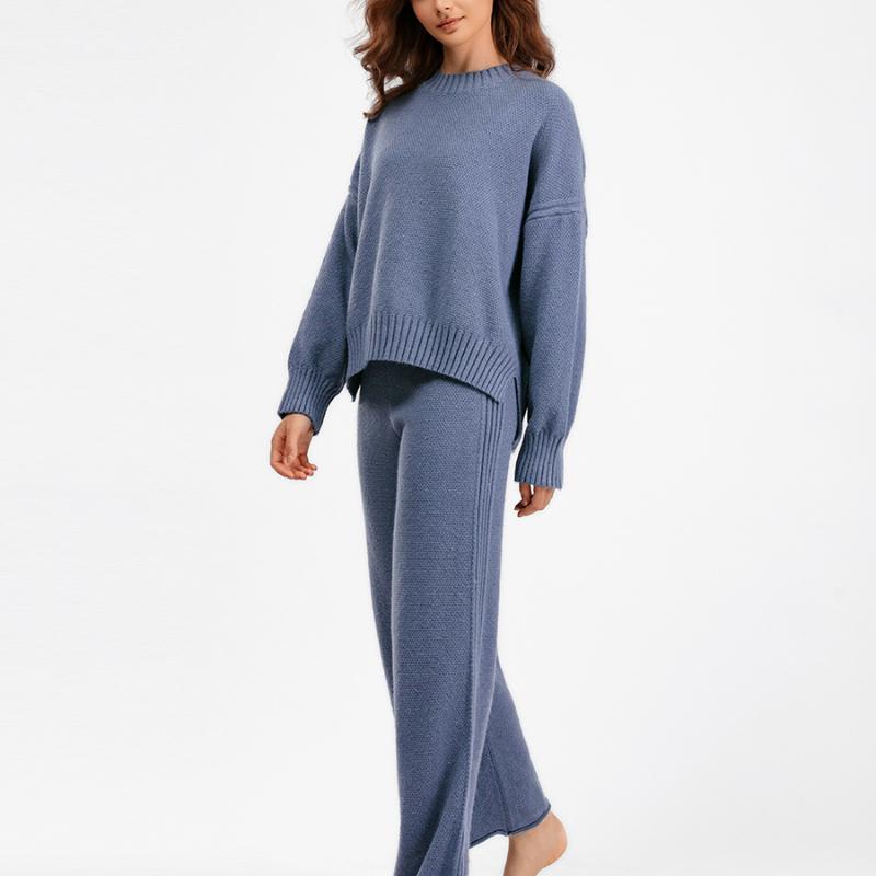Ladies' Early Autumn New Sweater Fashion Two-piece Set Shoulder Long Sleeve Pullover + Straight Wide Leg Pants Combination