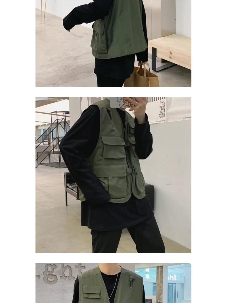 Men's Retro Multi-Pocket Workwear Vest: Spring/Autumn Thin Sleeveless Trendy Gilet