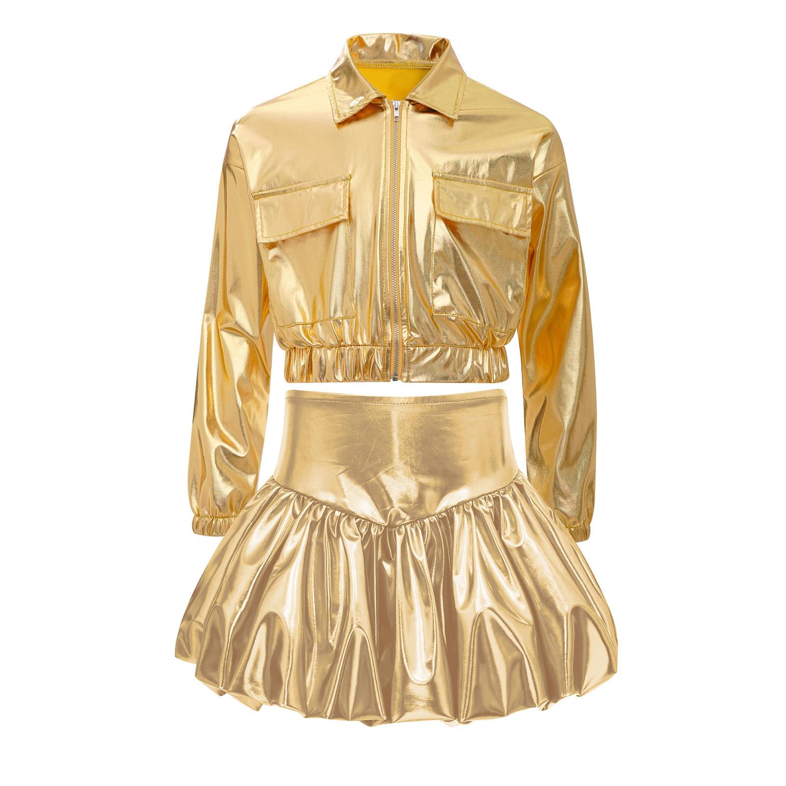 

Girls Turn Down Collar Long Sleeve Flap Pockets Metallic Jacket Shiny Bubble Skirt Dance Performance Outfit 7-8 Years золотий