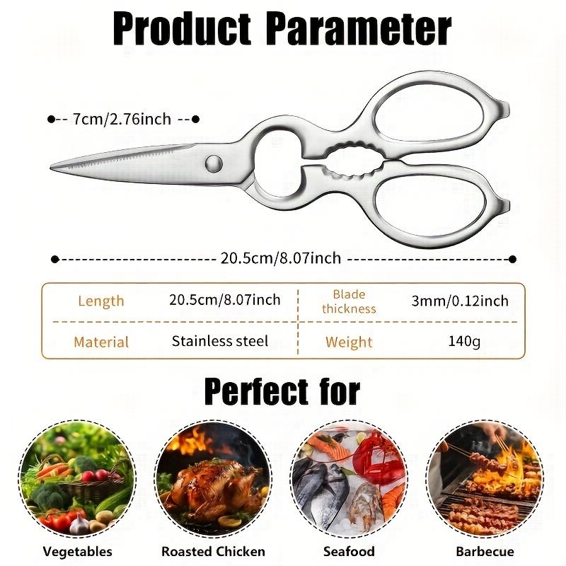 Stainless Steel Multi Purpose Kitchen Shears with Fish Scale Scraper, Ambidextrous Food-Safe Cooking Tool for Easy Chicken Bone Cutting