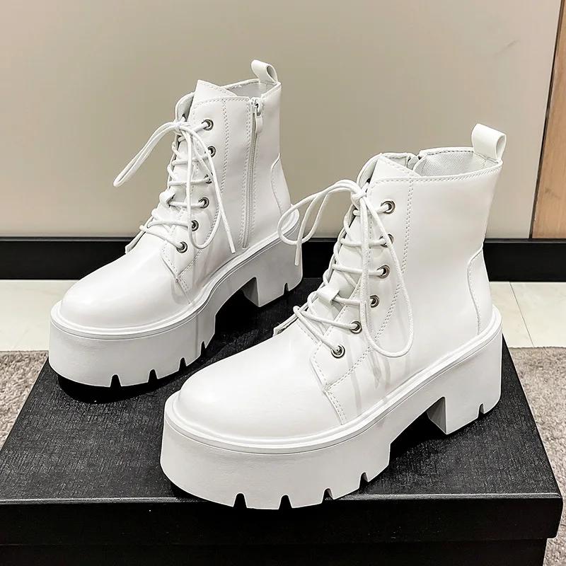 Herbst Damen Stiefel Schnalle Runde Zehenpartie Keilabsatz Plateau Botines Punk Goth Damen Straßenschuhe Kampfstiefel für Damen Botines Mujer