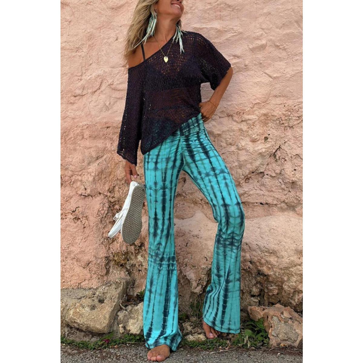 Women s Mid Waist Drawstring Vertical Stripe Tie Dye Printed Slim Flare Long Pants For Summer Beach Boho Street Casual Wear S