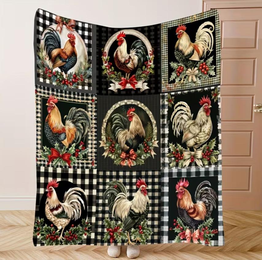 1pc This Colorful Plaid Farm Chicken Patchwork Flannel Blanket Features A Flock Of Multicolored Chickens And Floral Trim. Soft