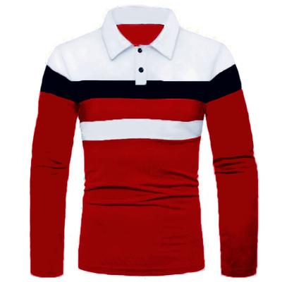Men's Autumn Long Sleeve Three Stripes Patchwork Polo Shirt Men Lapel Button Red Black T Shirts