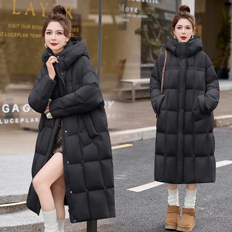 

Женский очень длинный пуховик выше колена - Модный, Теплый, Утепленный пухом белой утки пальто HR211 M (115-125 lbs) чёрный