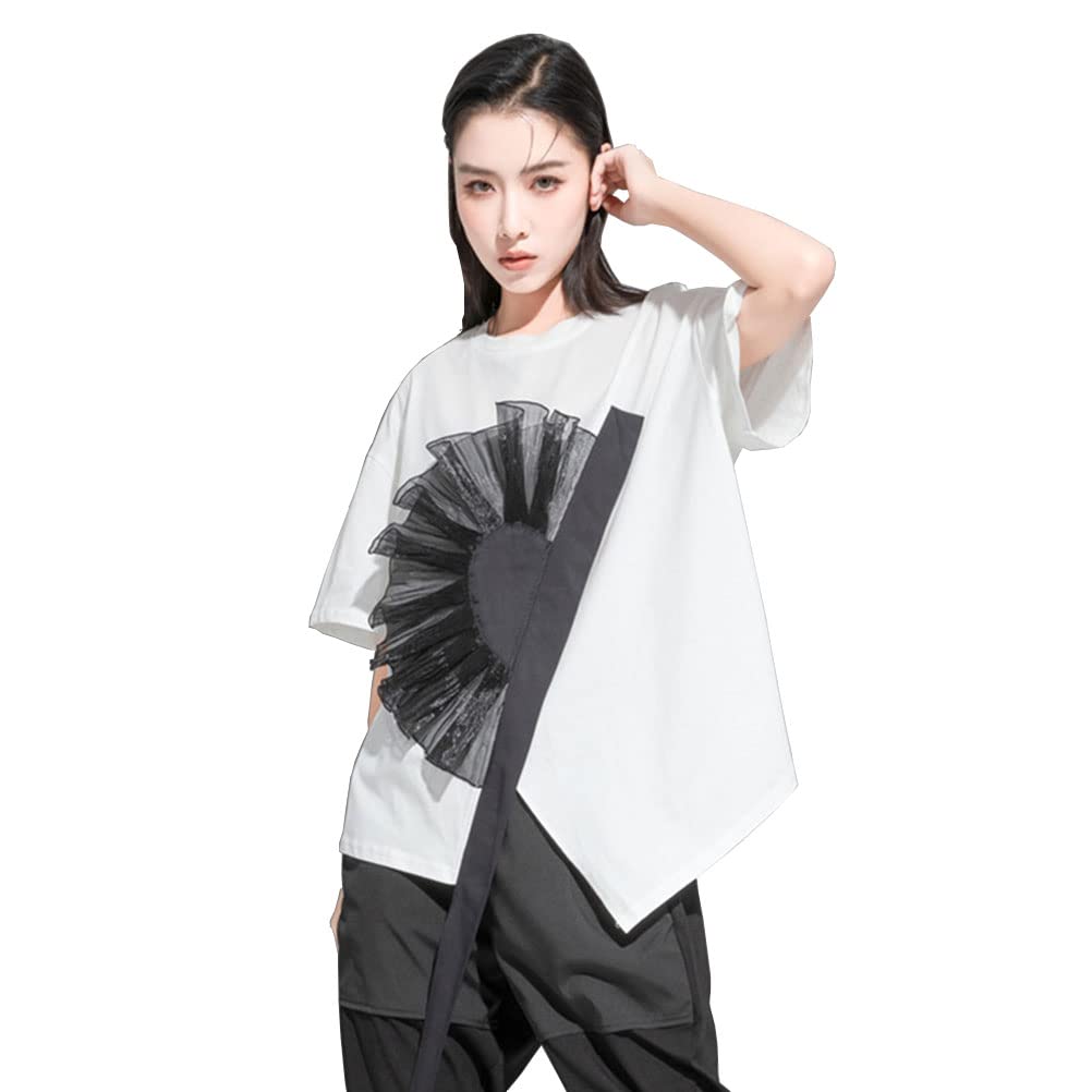 

3D Цветочный Короткий Асимметричный Цветочный Свободный Единый Размер Белый с Черным X-CHEN Футболка, Женская, Рукав, Дизайн, Крой, Стильный, Стильный, Весна/Лето