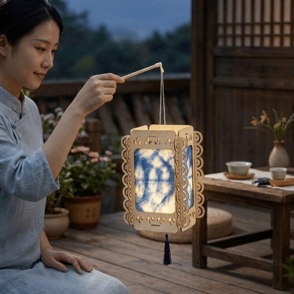 Retro Tie Dyed Lanterns Rabbit Shape Glowing Lanterns Wooden Handheld Lanterns Mid-Autumn Festival