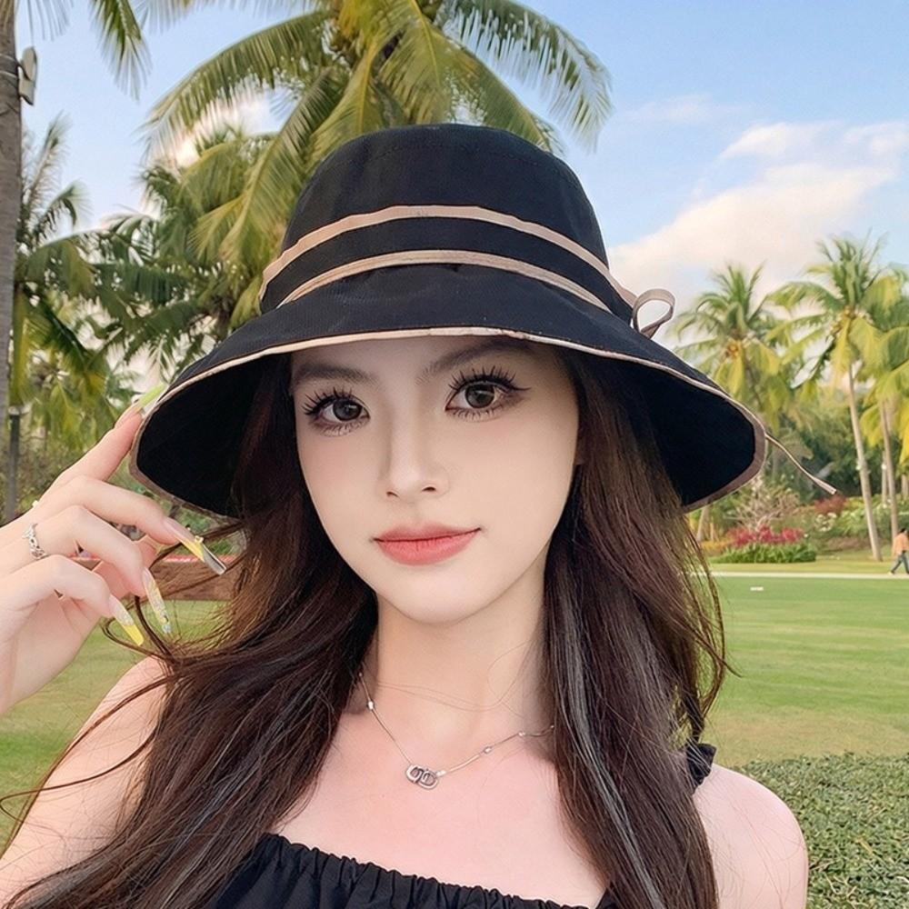 Bowknot Decor Fisherman Hat Lace-up Design Sunshade Hat New Girls Basin Caps  Beach Activities