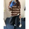 Autumn and winter new striped knitted women's clothing, loose retro hooded women's knitted sweater cardigan women's