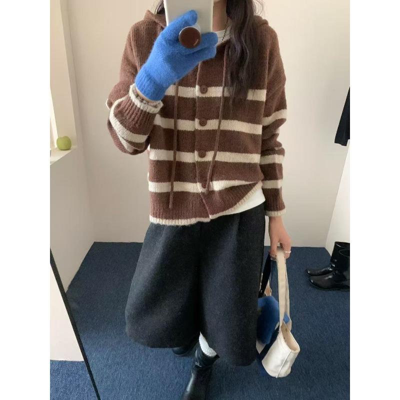 Autumn and winter new striped knitted women's clothing, loose retro hooded women's knitted sweater cardigan women's