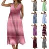 Dames Mouwloos U-hals Zak Split Zoom Tankjurk Katoen Linnen Gestreept Print Casual Losse Pasvorm Midi Jurk voor Zomer