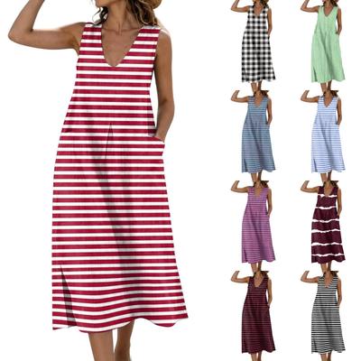 Dames Mouwloos U-hals Zak Split Zoom Tankjurk Katoen Linnen Gestreept Print Casual Losse Pasvorm Midi Jurk voor Zomer