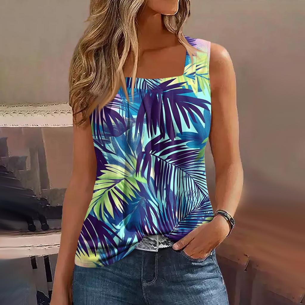 Women's Summer Casual Pleated Square Neck Sleeveless Tank Top Printed T-Shirt