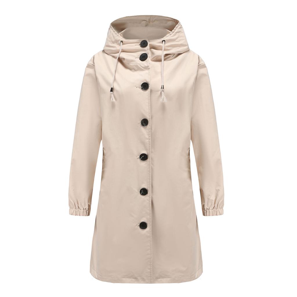 Women's Fashionable Solid Color Hooded Long Sleeved Zipper Pocket Waterproof Windbreaker Loose Trench Coat Jacket