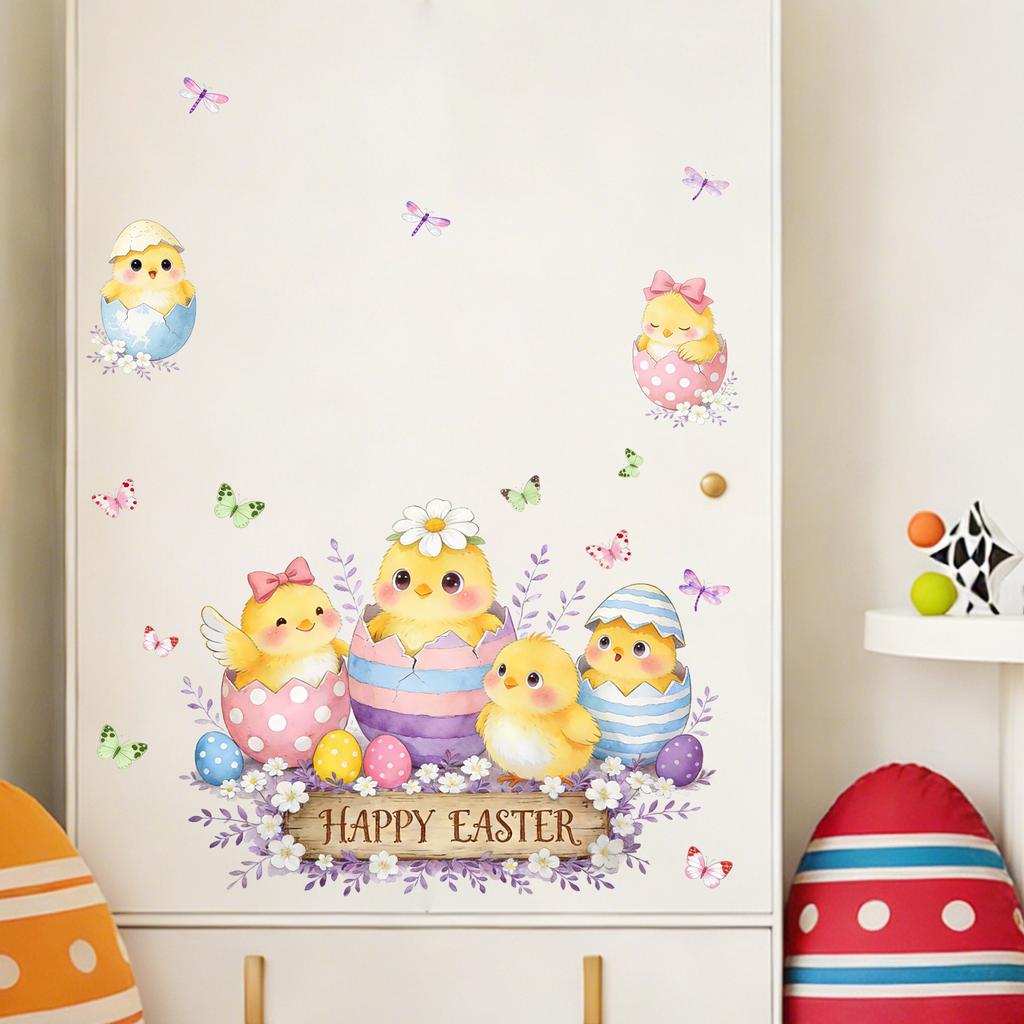 Happy Easter Cartoon Cute Chick Dragonfly Butterfly Wall Sticker Bedroom Living Room Home Decoration Self-Adhesive