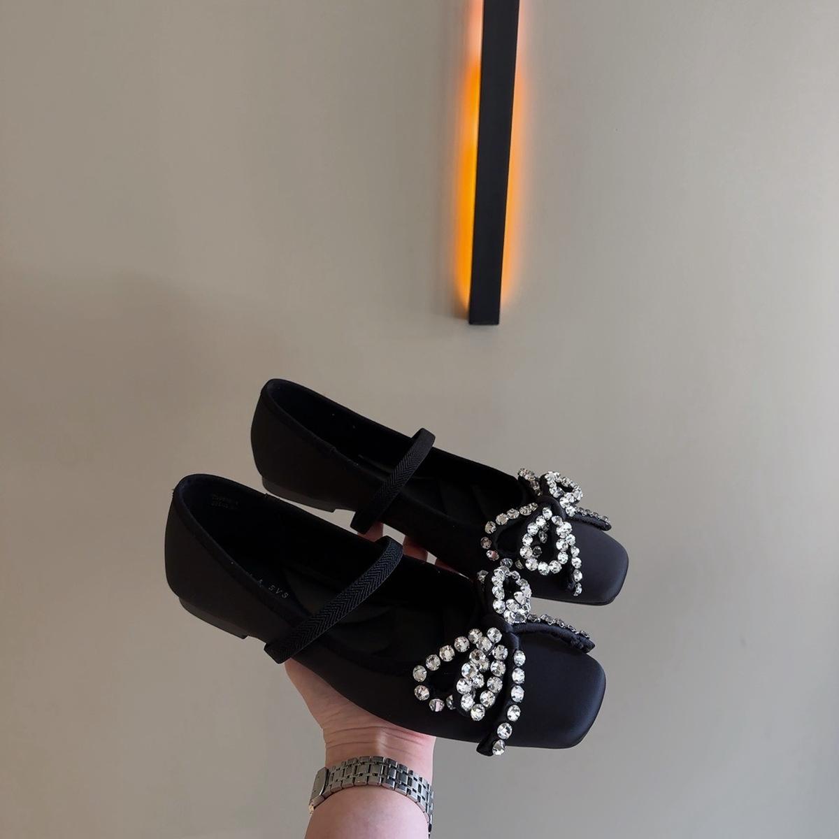 

French rhinestone bow square head satin single shoes women s spring 2025 new versatile one-word belt ballet shoes 35