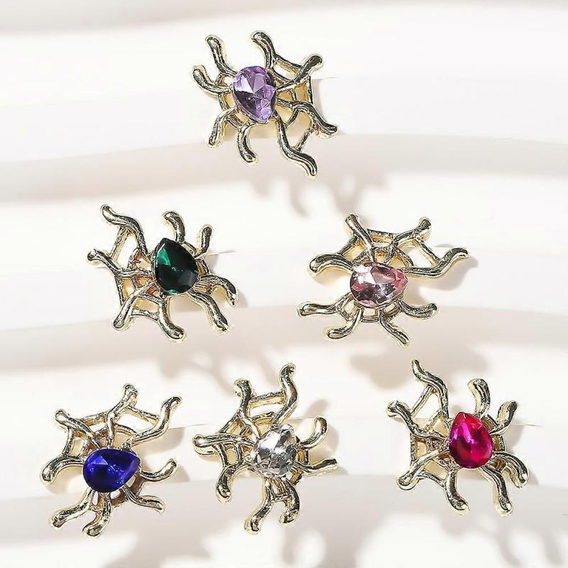 12-Pack Halloween Nail Ornaments Spider Nail Ornaments for Acrylic Nails Kawaii 3D Gold Nail Ornaments Silver Nails Rhinestones 6 Styles Mix