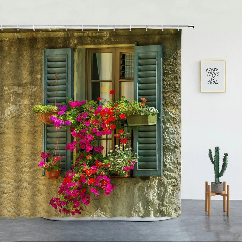 Blommor Vårlandskap Badrumsset Duschdraperi Gata Röd Rosa Blomma Retrodesign Trädgård Väggdekoration Hängande gardiner