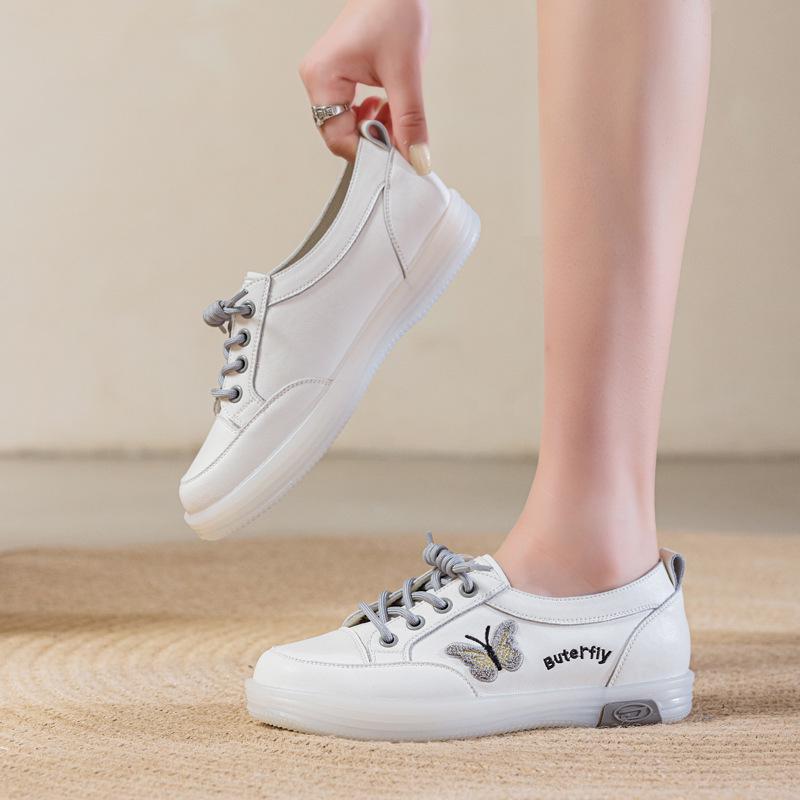 Women's White Leather Slip-On Sneakers - Spring/Autumn, Soft Sole, Butterfly Design, Casual Flats, Plus Sizes Available