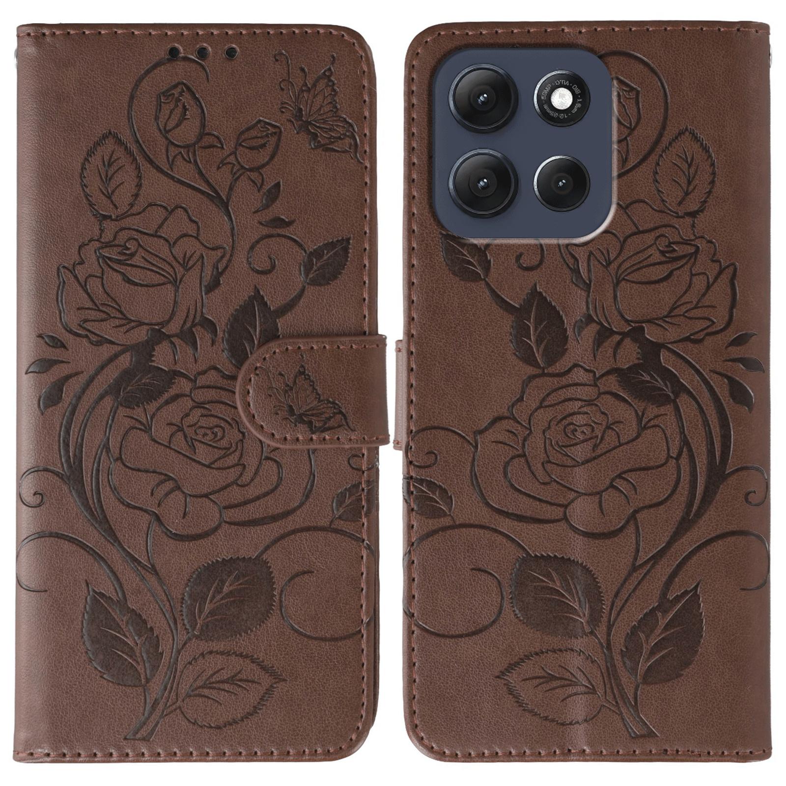 

For Motorola Moto G86 5G Case Wallet Stand Imprinted Rose Butterfly PU Leather Phone Cover Brown