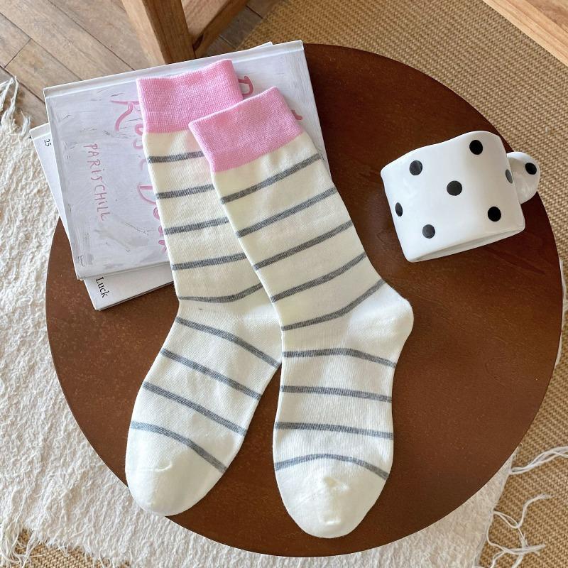 Women's Autumn and Winter Color-blocking Striped Mid-calf Socks, Versatile Color-blocking Long Calf Socks, Boneless Pile Socks for Women