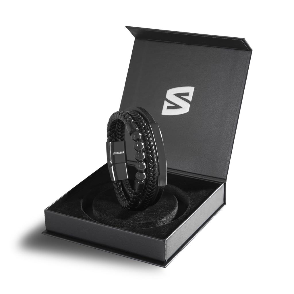 Bracelet Leather 23cm Black Bangle Arm Jewelry Chain Braided Wrap [SERASAR] Men's
