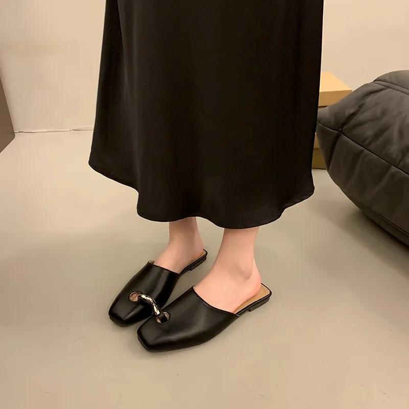 Novelty Design Slippers Women's Square Toe Mules Shoes 2025 Summer New Cow Leather Ladies Fashion Out Door Slipper Dcfh233