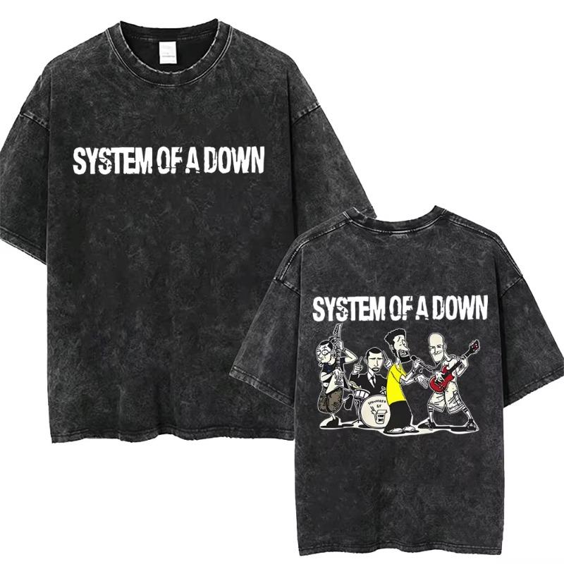 T-shirt Vintage Lavé System Of A Down Homme Rétro Rock Metal T-shirts Oversize Homme Décontracté Coton Haute Qualité