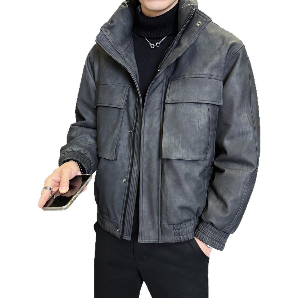 Men's 2025 Lightweight Leather Down Jacket: Stylish Short Winter Coat with Thick Stand Collar for Youth.