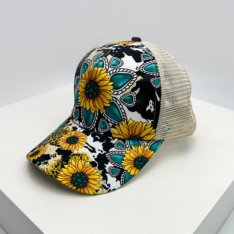 

New Women Print Sunflower Color Block Baseball Hats Breathable Criss Cross Ponytail Sunshade Versatile Trucker Caps Mesh Fashion 52-60cm