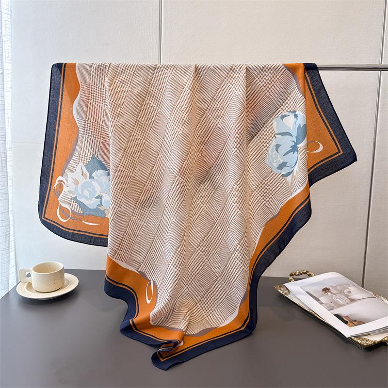 Small Fragrant Plaid Imitation Silk Large Square Scarf Retro Printing Shawl Neck Silk Scarf Herringbone Pattern Women'S Scarf Headscarf