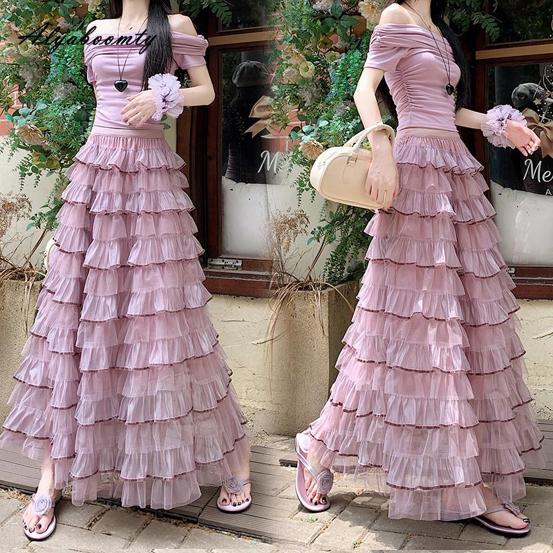 

Fairycore Spring Summer Women Maxi Long Skirt High Waist Purple Green Beige Black Tulle Skirt Layered Ruffles Elegant Feminine Skirt One Size фіолетовий