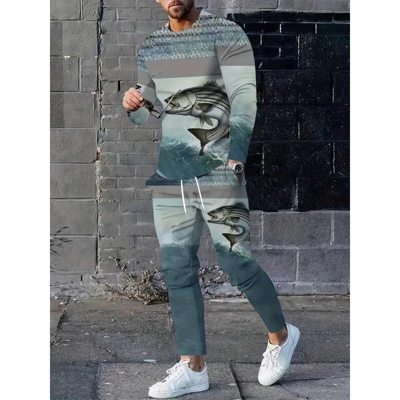 Herren Set 3D Karpfenangeln Druck Langarm Sportbekleidung T-Shirt+Hose 2-teiliges Set O-Ausschnitt Sweatshirt Jogginghose Sportbekleidung 2-teilige Anzüge