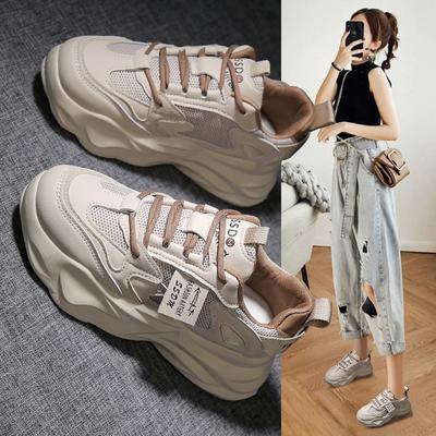 Retro Old Shoes Women's  Spring New All-match Thick-soled Heightened Lace-up Mesh Casual Sneakers
