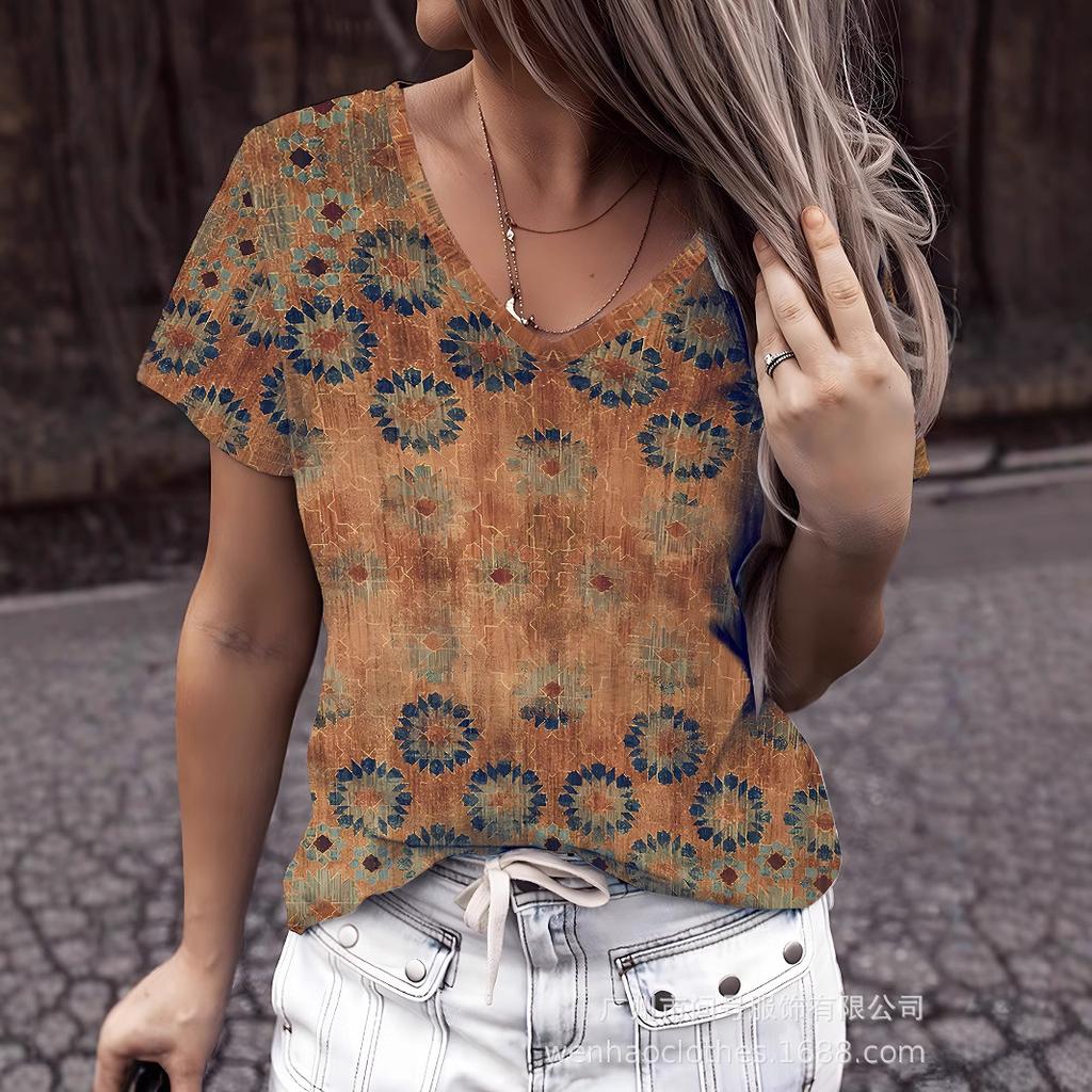 Summer V-neck 3D Flower Pattern Printed Top Fashionable Casual Short Sleeved Women's T-shirts