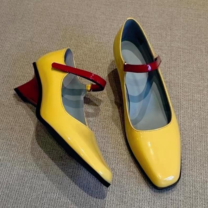 Patent Leather Mixed Color Mary Janes Women Sweet Square Toe Wedges Designer Shoes Simple Shallow Branded Mule Pumps Dress Shoes