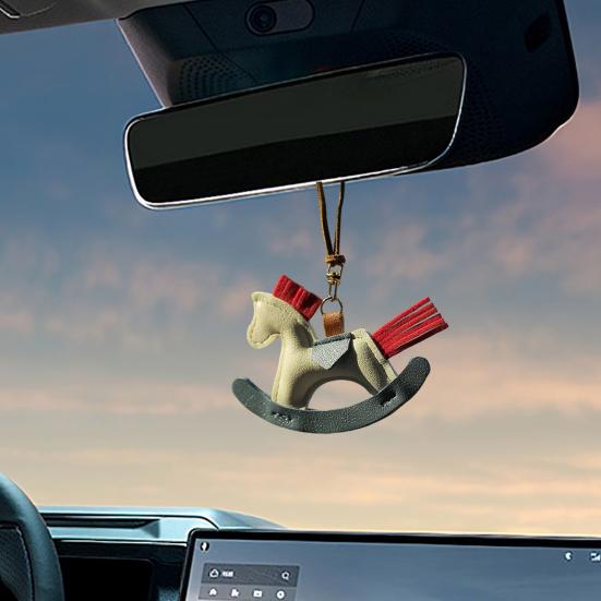 Cute Pony Pendant Car Rearview Mirror Charm Elegant Faux Leather Hanging Ornament for Car