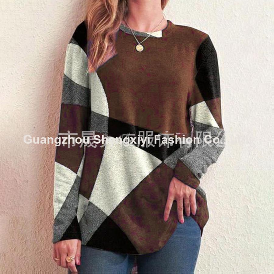 Spring Casual Geometric Color Block Wool Long Sleeve Printed Loose T-Shirt Women Top