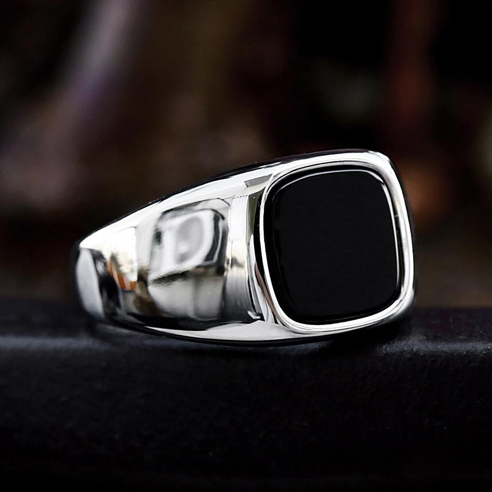 Neuzugang Edelstahl Schwarzer Achat Stein Ringe Für Männer Frauen Punk Biker Hochglanzpolierter Quadratischer Ring Paar Schmuck