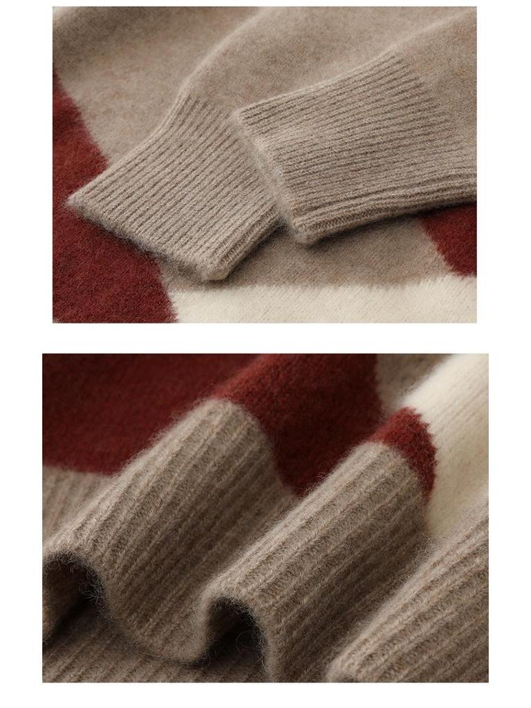 Men's 100% Pure Wool Color Block Cashmere Sweater - Round Neck, Autumn/Winter, Loose Casual/Business Wear