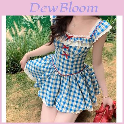 French Vintage Blue Plaid Short Dress With Bow Pattern For Summer Fashion Womens Casual Wear