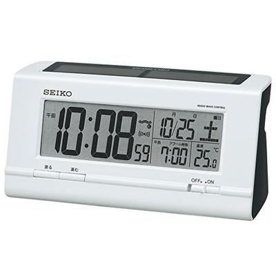 Ceas SQ766W Ceas cu alarmă solar hibrid cu radiocontrol, Calendar digital, Afișaj temperatură, Alb perlat