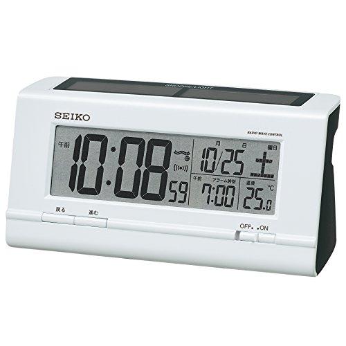 Seiko Clock SQ766W Hybrid Solar Alarm Clock with Radio Control, Digital Calendar, Temperature Display, White Pearl