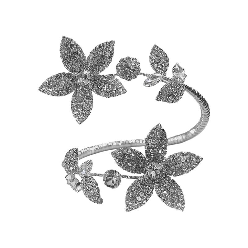 

Elegant Floral Open Bangle Sparkling Rhinestones Adjustable Bracelet For Women In Gold or Silver Wristband Jewelry серебряный
