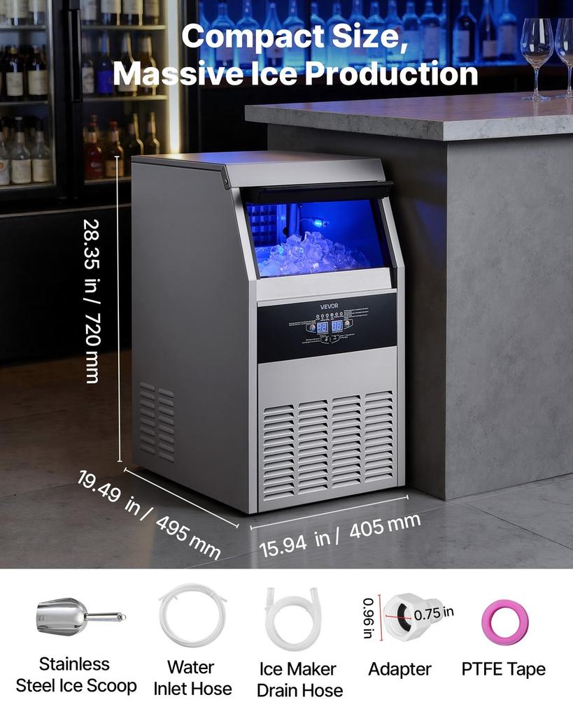 Commercial Ice Maker Machine, 73 kg/24h with 14 kg Storage Capacity, Built-in/Freestanding/Under Counter, Stainless Steel Ice Maker with LED Display &