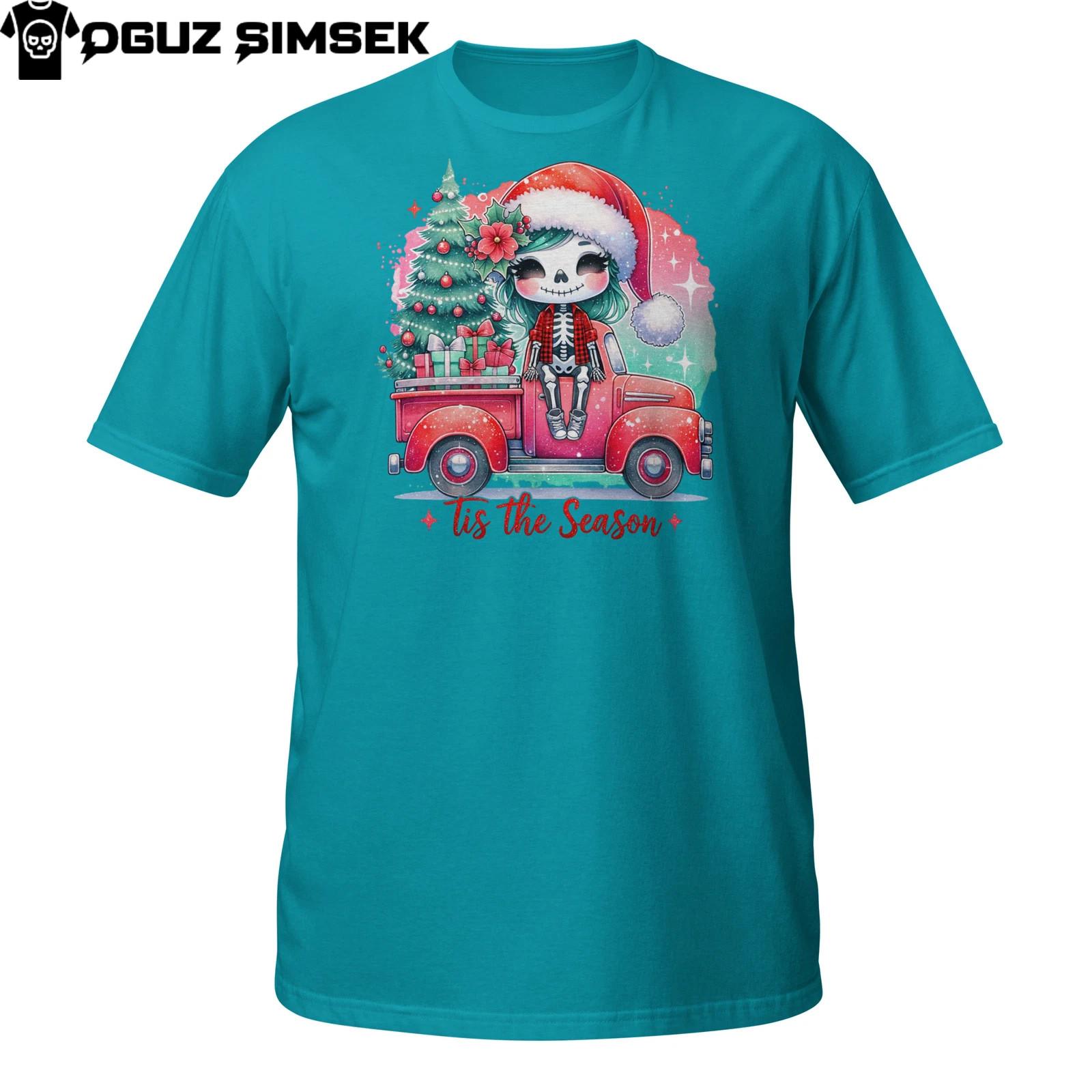 Cute Skeleton Girl Christmas T-Shirt Mens Womens Tees Top | Tis The Season Red Truck Holiday Tee 2XL