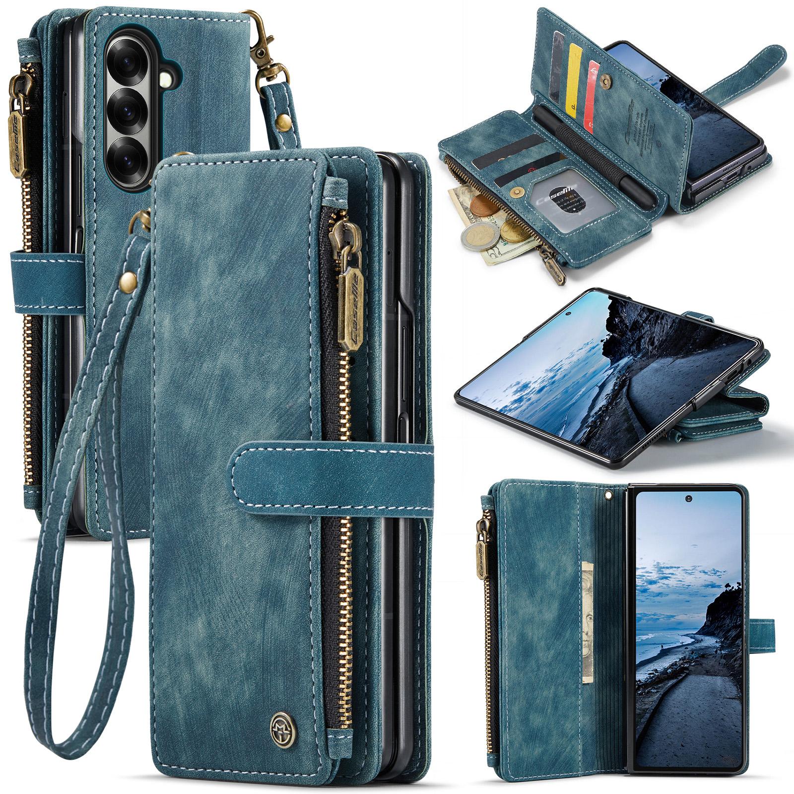 

For Samsung Galaxy Z Fold7 5G Phone Cases with Strap CASEME C30 Zipper Multiple Card Holder PU Leather Cover Blue