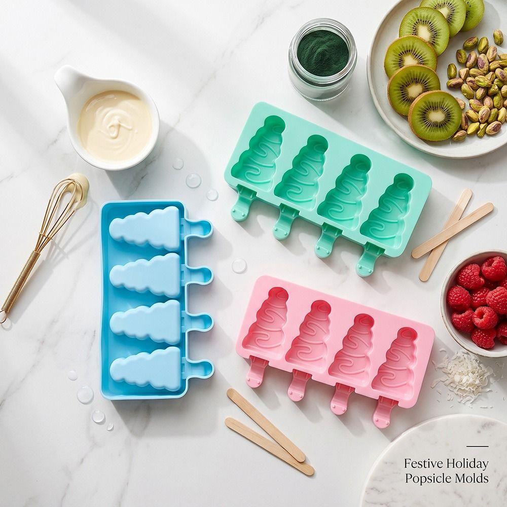 Non Stick Christmas Tree Ice Pop Mold 4-Cavity Ice Cube Tray Silicone Ice Cream Mold  Baking Tools