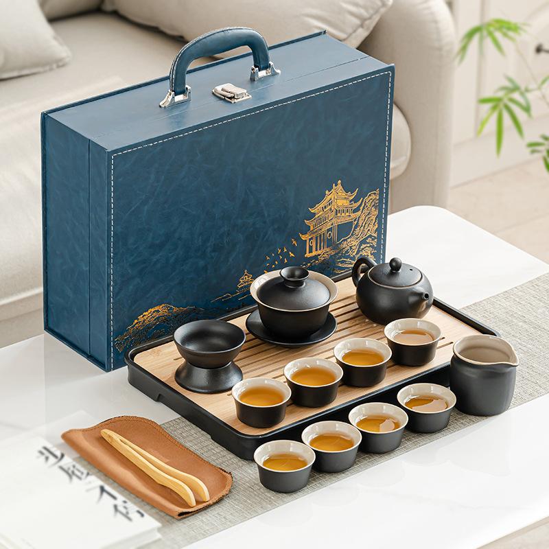 Black Pottery Kung Fu Tea Set, Full Set, Home Office Teapot, Simple Cover Bowl, Tea Can, Complete Set of Tea Trays
